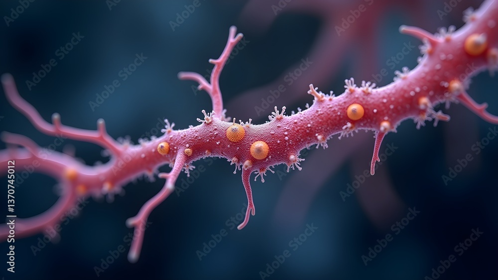 Poster detailed microscopic view of neuron structure with cell branches and biomedical details