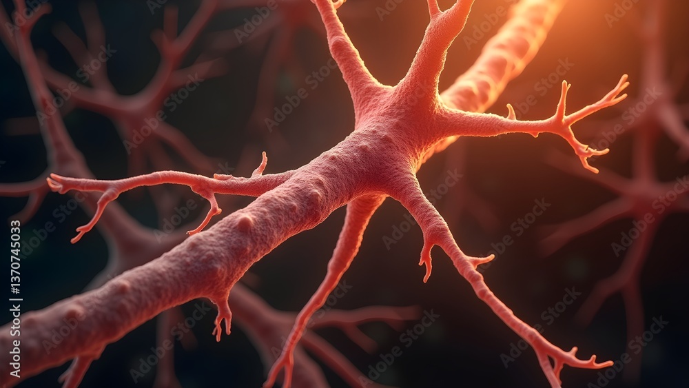Poster close-up view of a neuron: nerve cell anatomy and neural network illustration (99 characters)