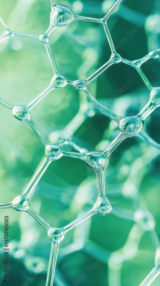 Poster close-up abstract pattern of transparent soap bubbles reflecting light in soft green tones