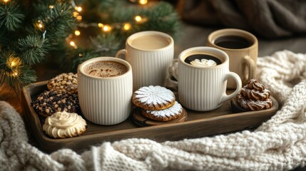 Cozy winter image of coffee mugs and cookies on a wooden tray with a blanket.