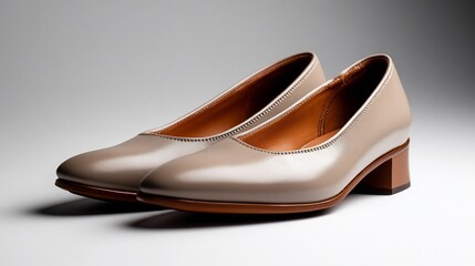 Fototapeta premium Elegant taupe leather pumps with block heels for sophisticated style