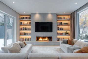 Modern living room with fireplace and bookshelves in winter setting