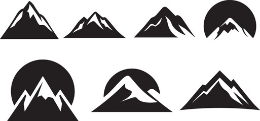Minimalist mountain logos, black and white geometric shapes, triangular peaks, circular backgrounds, simple vector graphics, silhouette mountain icons, abstract landscape designs