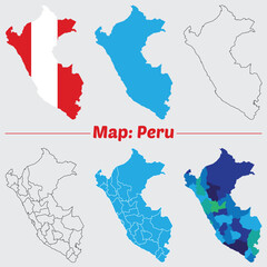 Maps of Peru, Outline, and Regional Divisions, Peru country map set. internal provinces borders marked, Simple map of Peru vector drawing.