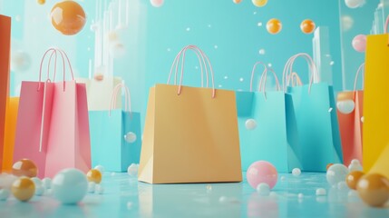 Colorful Paper Shopping Bags Filesd with goods flothing in blue backgraound