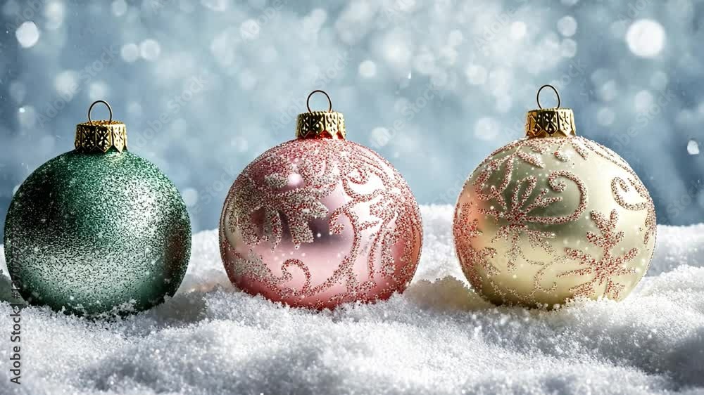 Poster festive christmas ornaments in soft snowy setting create a beautiful winter scene with sparkling dec
