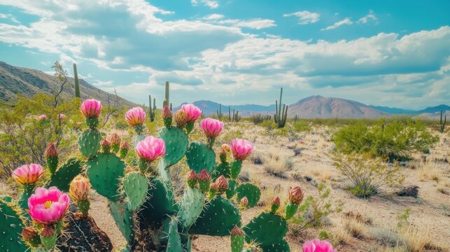 Colorful cactus flowers bloom in a beautiful desert landscape under a blue sky with scattered clouds