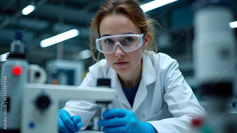Poster scientist working with microscope in a lab, analyzing samples, medical research and experimentation