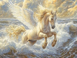 Fototapeta premium A majestic winged horse leaps through crashing ocean waves under a dramatic sky, embodying fantasy and power in a captivating scene.