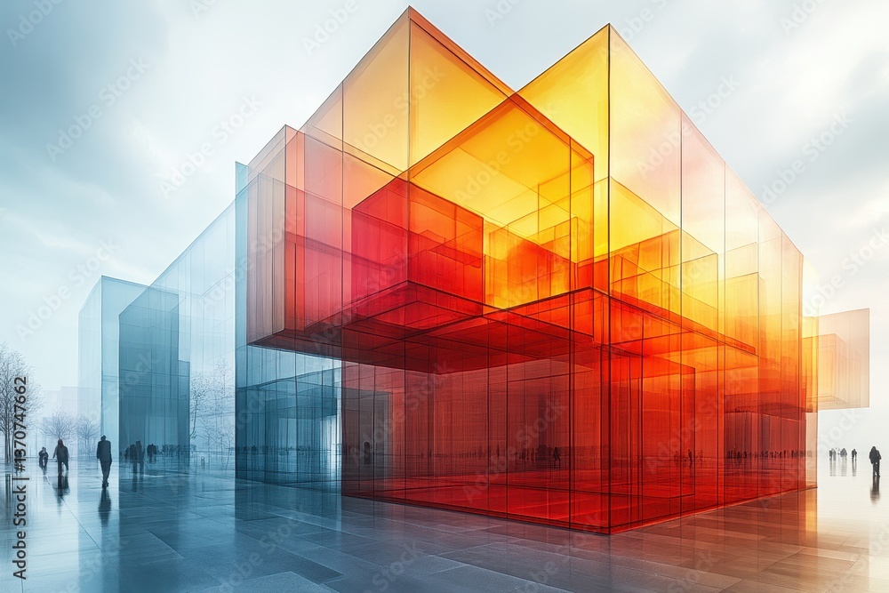 Poster modern architectural design showcases colorful geometric structures in an urban environment during a