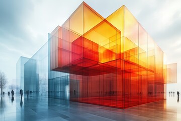 Modern architectural design showcases colorful geometric structures in an urban environment during a cloudy day