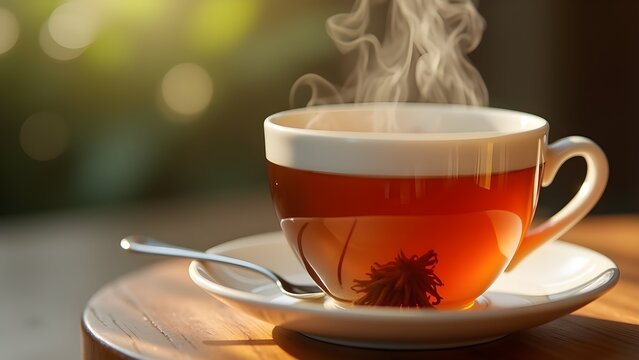 Hot cup of blooming tea with steam on table. Herbal, aromatic beverage for wellness, relaxation and calmness