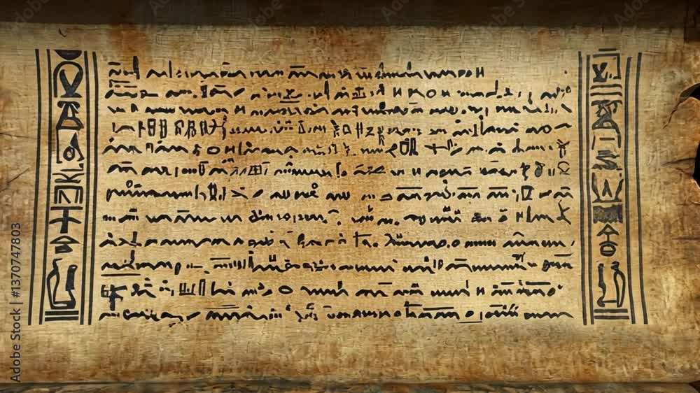 Poster ancient scroll with hieroglyphs displaying historical text and symbols on a rustic parchment surface