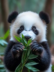 Obraz premium A cute panda is eating fresh green bamboo leaves