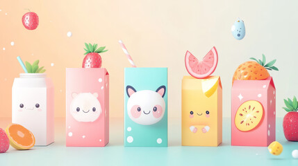 Kawaii style milk drink boxes set isolated on white background. Contemporary vector cartoon illustration of fruit dairy beverage in carton packages with cute animal characters, sweet Japanese cocktail