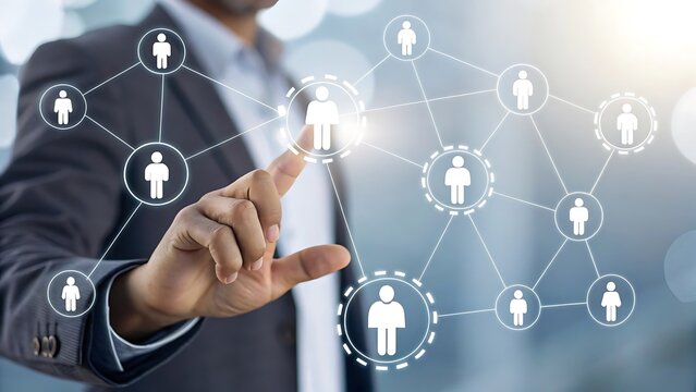 Connecting people through digital networks: Businessman using interface to manage relationships and build team connection with technology.