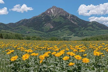 Fototapeta premium Scenic mountain blooming flowers colorado nature photography sunny day wide-angle view vibrant landscape