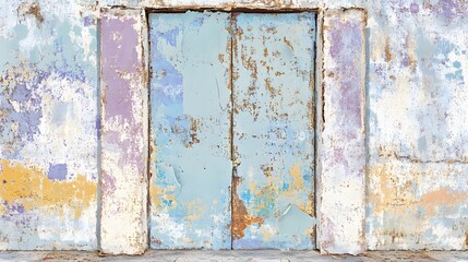Distressed Pastel Wall with Peeling Paint and Old Door