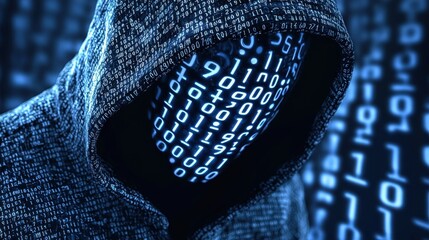 A mysterious figure in a hooded cloak, face obscured by binary code, symbolizes themes of hacking and digital anonymity.