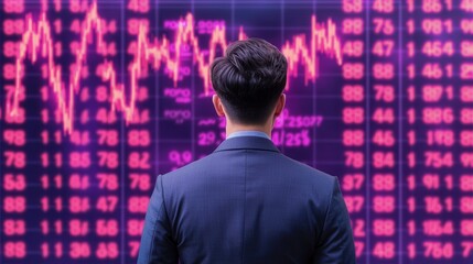 Businessman Analyzing Stock Market Trends with Colorful Graphs and Data Visualizations
