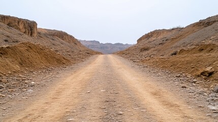 Empty dirt road through a desert canyon.  A desolate path stretches into the distance, bordered by ochre-colored hills and rocky terrain.  Vastness and emptiness characterize the scene