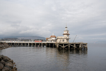 Victorian Dunoon timber ferry pier in Scotland, Category A listed wooden structure in Firth of...