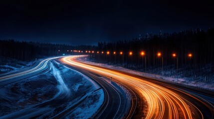 Motion blur effect simulating rapid movement on a high-speed road at night, with bright light streaks adding depth.