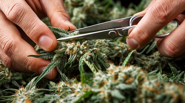 Close-up of Hands Trimming Cannabis Buds with Scissors for Preparation