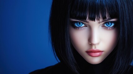 Naklejka premium Mysterious woman with sleek short black hair and piercing blue eyes, elegant lighting.
