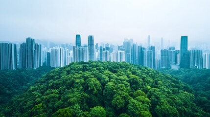 Obraz premium Futuristic Urban Skyline Merging with Lush Green Forest Landscape