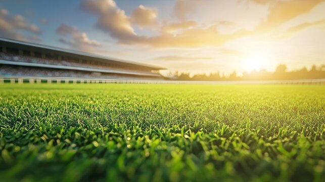 In the golden light of afternoon, a close-up shot captures the immaculately maintained horse racing track, complete with vibrant white rails and lush green turf, and the grandstand looming in the