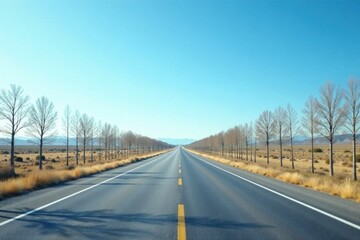 Asphalt highway extending to a distant horizon, flanked by rows of leafless trees under a clear, bright sky, promising a journey of open road and adventure.