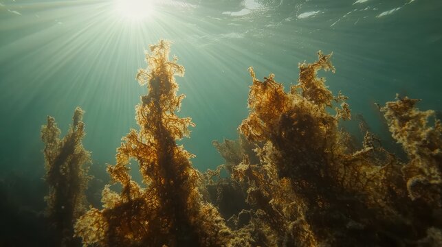 Underwater view of brown algae with sun rays penetrating the ocean's surface.