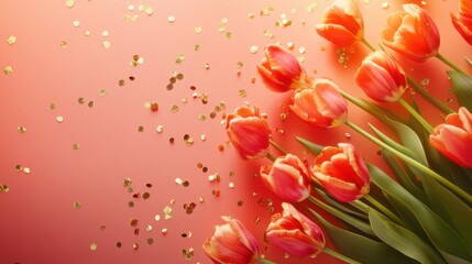 Fototapeta premium Bright pink tulips surrounded by golden confetti on a coral background create an enchanting spring vibe