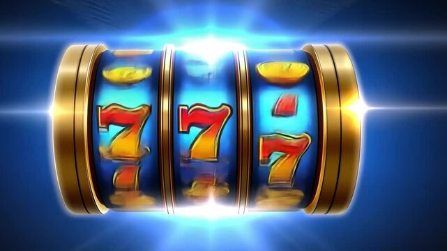 Vibrant and colorful slot machine with three spinning reels, featuring lucky sevens, cherries, and coins, creates exciting casino atmosphere of gambling and potential jackpot wins.