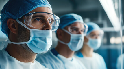 Surgeons wearing protective masks and goggles observing surgery in operating room