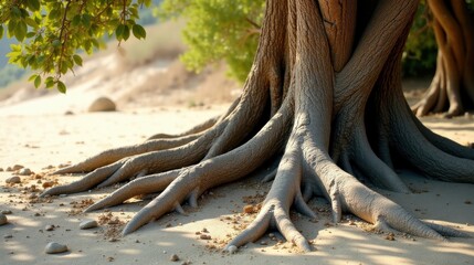 Majestic Tree Roots Exposed on Sandy Beach, Sunlight Illuminates the Intricate Network of Thick, Powerful, and Ancient Woody Branches, Revealing Nature's Strength and Resilience