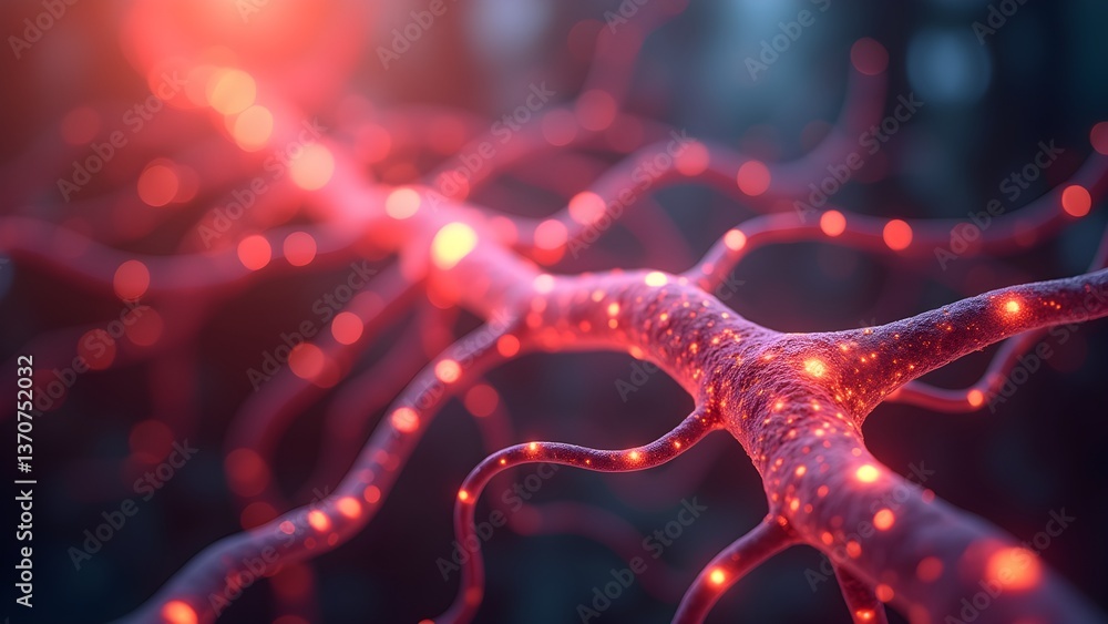Poster illustration of a detailed nerve cell structure with glowing synapses and neural network