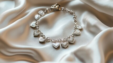 A personalized charm bracelet with tiny lockets and heart-shaped charms, resting on a white silk cloth