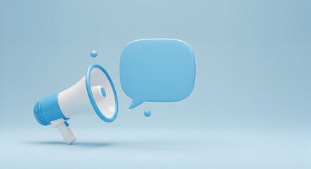 Blue and White Megaphone with Speech Bubble on Light Blue Background for Announcement