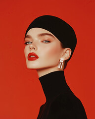 Fashion magazine concept. Portrait of beautiful female model wearing designer clothing, hat and posing on red background. Haute couture style. Retro, avant-garde. Studio shot