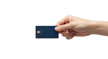 Close Up of a Hand Holding a Dark Blue Credit Card on White Background
