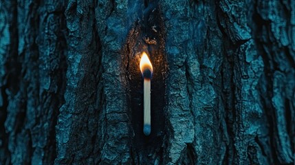 A dramatic close-up of a matchstick ablaze on charred wood, with a vibrant flame and textured background, illustrating the powerful dynamics of fire and its interaction with nature