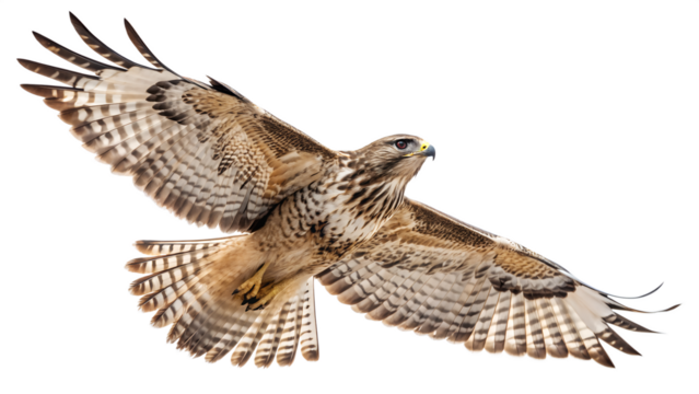 A red-tailed hawk or common buzzard in flight with brown and white feathers in a natural wildlife setting