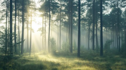 Obraz premium Sunlight streams through misty, towering trees in a serene forest landscape.
