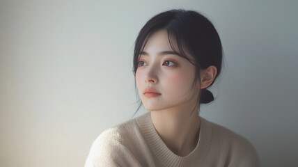 控えめな上品さをまとうセンターパートの女性ポートレート