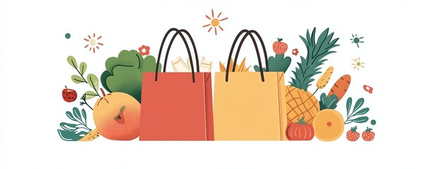 2D flat art strategy Colorful shopping bags filled with fresh fruits and vegetables showcase a vibrant and healthy lifestyle.
