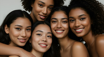 Fototapeta premium Group Portrait of Five Multiethnic Women With Radiant Skin and Natural Makeup on White Background