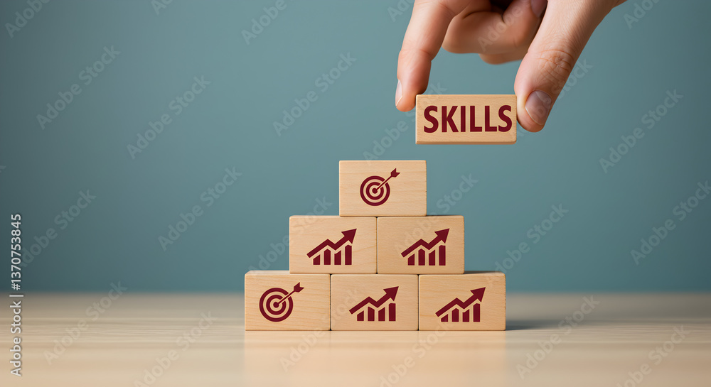 Poster hand arranging wooden blocks with skills text in teal background for business development and career