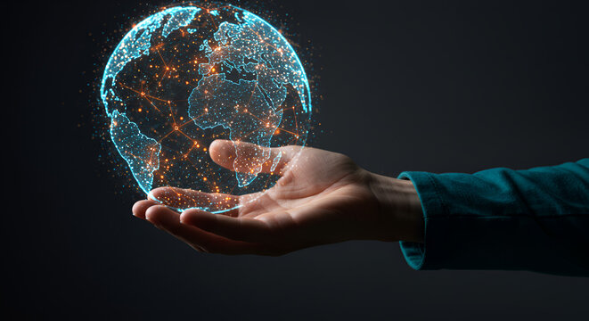 Human Hand Holding Glowing Digital Globe Representing Global Connectivity in Dark Background